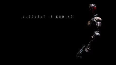 HD PC desktop wallpaper background: Judge Dredd (Dredd movie) — shadowed armored figure on the right with a gun and Judgment Is Coming text on a black field.