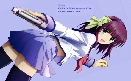 Yuri Nakamura from Angel Beats! in a school uniform aiming a handgun in a dynamic pose on a purple background — HD PC desktop wallpaper and background, anime art.