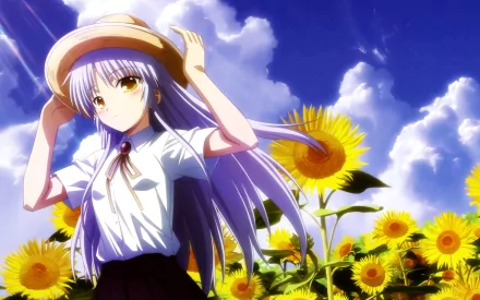 Kanade Tachibana from Angel Beats! stands amidst vibrant sunflowers under a blue sky, wearing a straw hat in this HD desktop wallpaper.
