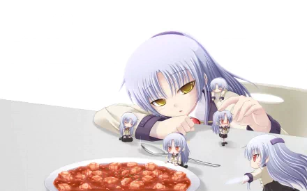 HD anime wallpaper featuring Kanade Tachibana from Angel Beats!, interacting with multiple miniature versions of herself around a plate of meatballs.