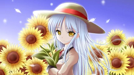 Kanade Tachibana stands among bright sunflowers, wearing a hat and holding a plant. Her blue hair and striking yellow eyes create a captivating backdrop in this HD anime wallpaper from Angel Beats!.