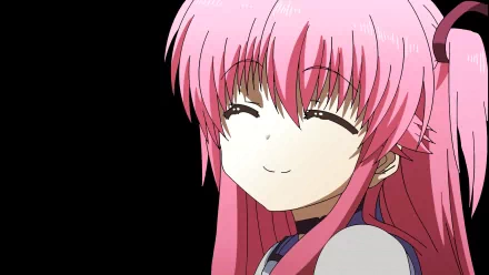 Anime HD PC wallpaper: Yui (Angel Beats!) close-up, pink hair, smiling with closed eyes on a black background.