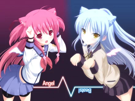 HD desktop wallpaper featuring Yui and Kanade Tachibana from Angel Beats! in anime style, posing with playful expressions and colorful backgrounds.