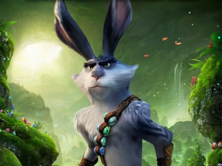 E. Aster Bunnymund from the movie Rise of the Guardians stands confidently in a vibrant, glowing forest in this HD PC desktop wallpaper and background.