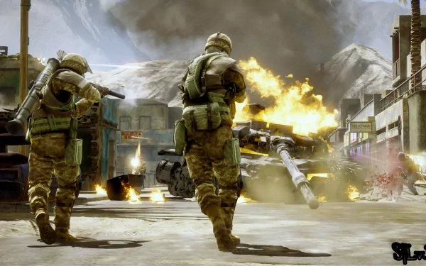 Two soldiers advance on a battlefield engulfed in flames, showcasing intense action from the video game Battlefield: Bad Company 2. An HD wallpaper capturing the chaos of war.