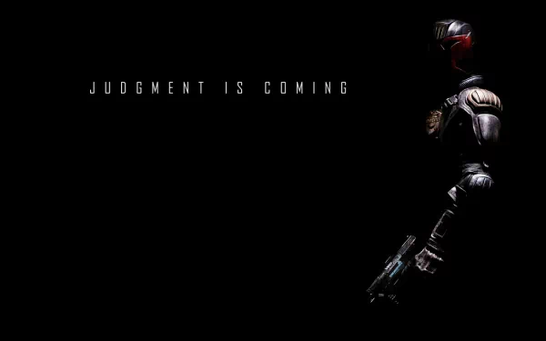 HD PC desktop wallpaper background: Judge Dredd (Dredd movie) — shadowed armored figure on the right with a gun and Judgment Is Coming text on a black field.