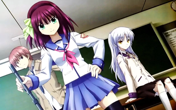 HD anime wallpaper featuring Yuri Nakamura, Kanade Tachibana, and Yuzuru Otonashi from Angel Beats! in a classroom setting.