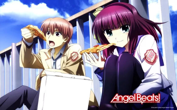 HD anime wallpaper featuring Yuzuru Otonashi and Yuri Nakamura from Angel Beats! sharing pizza outdoors against a bright blue sky backdrop.