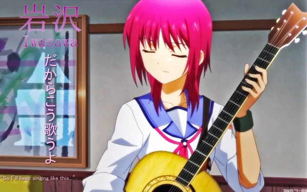 Masami Iwasawa from Angel Beats! plays an acoustic guitar, showcasing her serene expression in this vibrant anime HD desktop wallpaper.