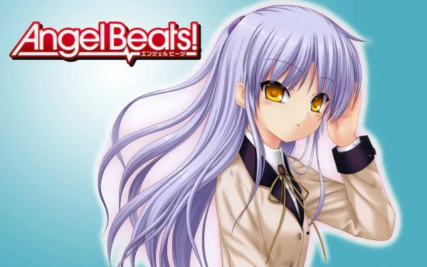 HD anime desktop wallpaper featuring Kanade Tachibana from Angel Beats! with flowing silver hair and golden eyes against a light blue background.