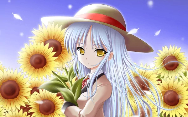 Kanade Tachibana stands among bright sunflowers, wearing a hat and holding a plant. Her blue hair and striking yellow eyes create a captivating backdrop in this HD anime wallpaper from Angel Beats!.