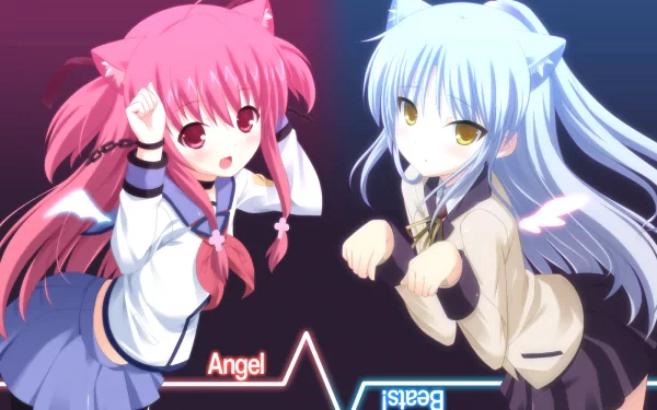 HD desktop wallpaper featuring Yui and Kanade Tachibana from Angel Beats! in anime style, posing with playful expressions and colorful backgrounds.