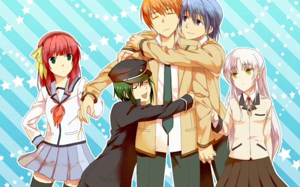A colorful HD wallpaper featuring characters from Angel Beats! including Hinata Hideki, Ayato Naoi, Yuzuru Otonashi, Yuri Nakamura, and Kanade Tachibana, set against a starry background.