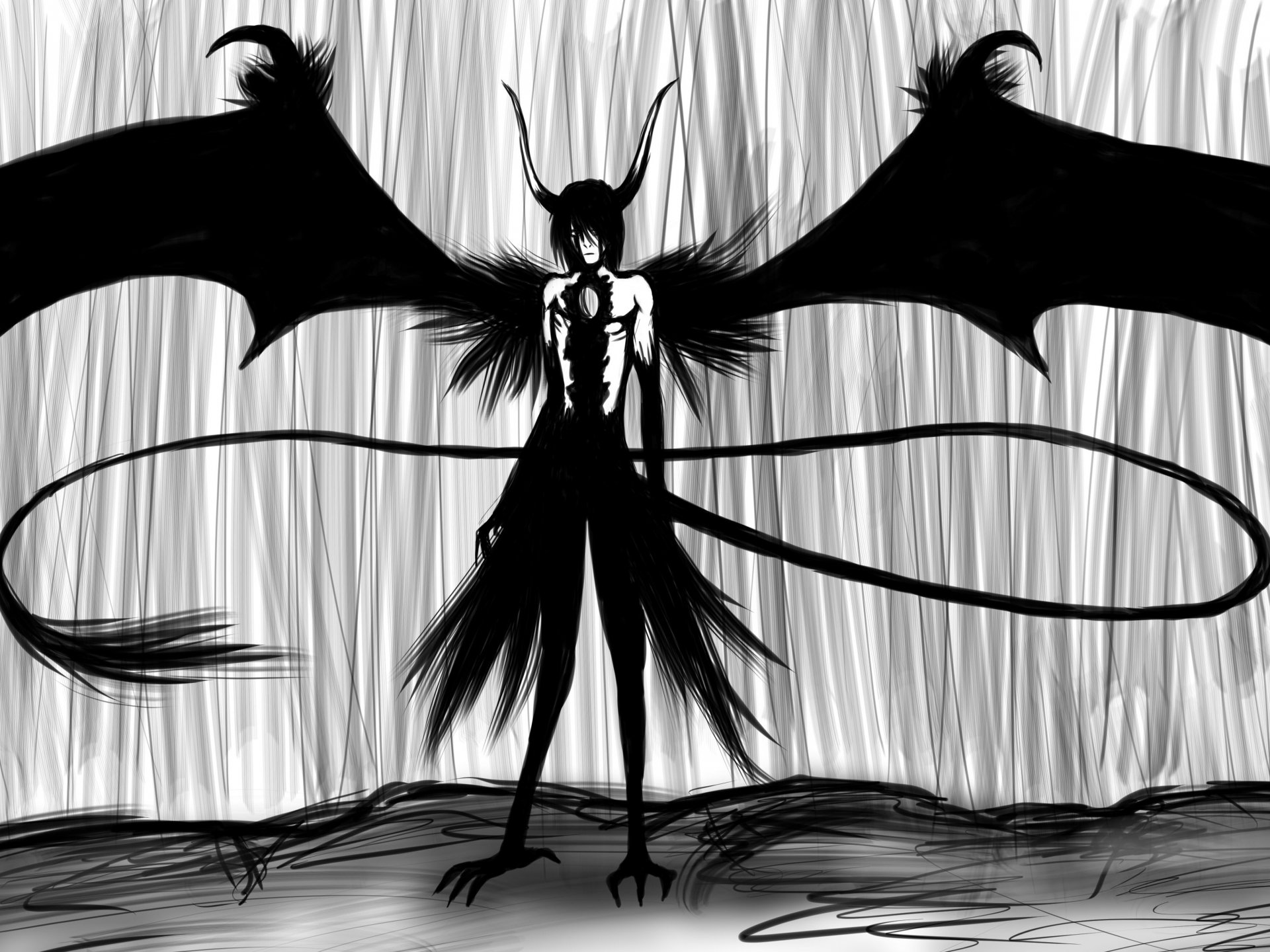 A striking 4K Ultra HD wallpaper featuring Ulquiorra Cifer from the anime Bleach, depicted with dramatic black wings and a haunting silhouette against a textured background.