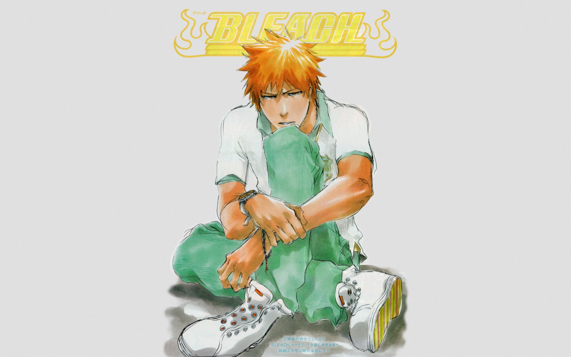 Ichigo Kurosaki from Bleach sits with arms resting on his knees in this 4K Ultra HD anime desktop wallpaper, featuring soft colors and a minimalist background.