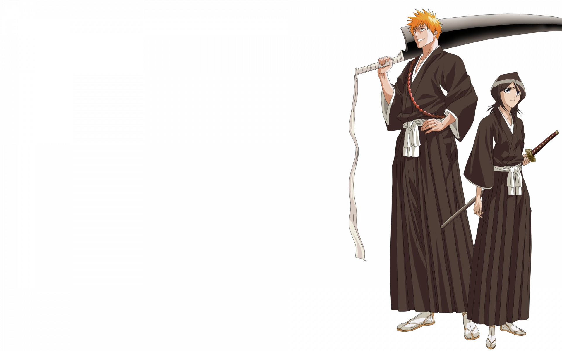 4K Ultra HD anime wallpaper featuring Rukia Kuchiki and Ichigo Kurosaki from Bleach, posed in traditional Soul Reaper attire with their swords.