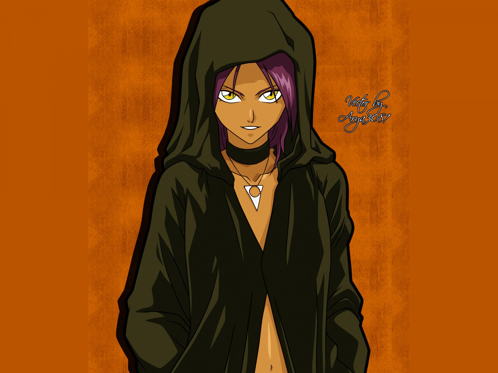 Yoruichi Shihôin from the anime Bleach in a dark hooded cloak, purple hair and golden eyes on an orange background — 2K Quad HD PC desktop wallpaper.