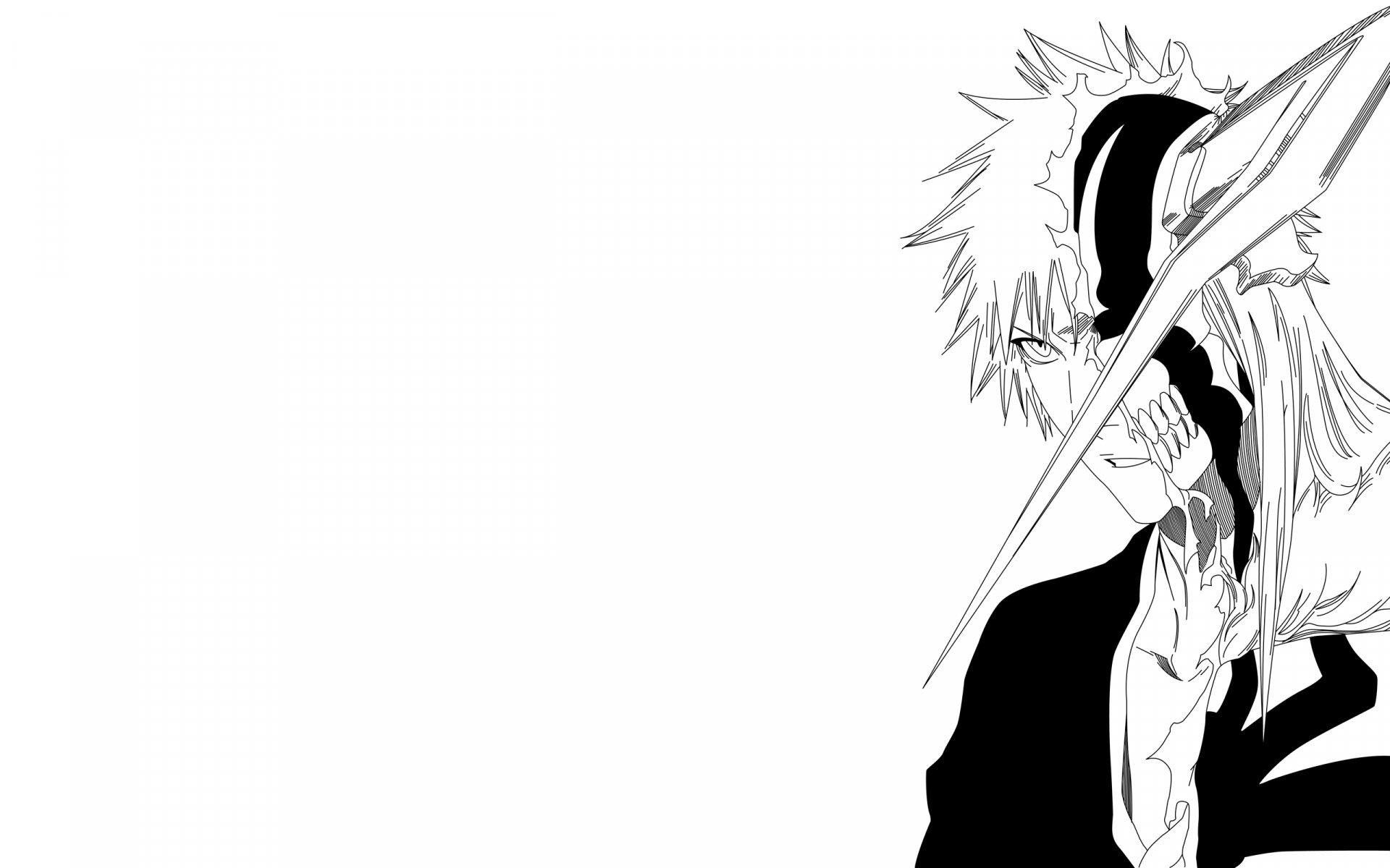 A striking HD wallpaper featuring Ichigo Kurosaki from the anime Bleach, captured in a dramatic black and white design, showcasing his intense character and iconic sword.
