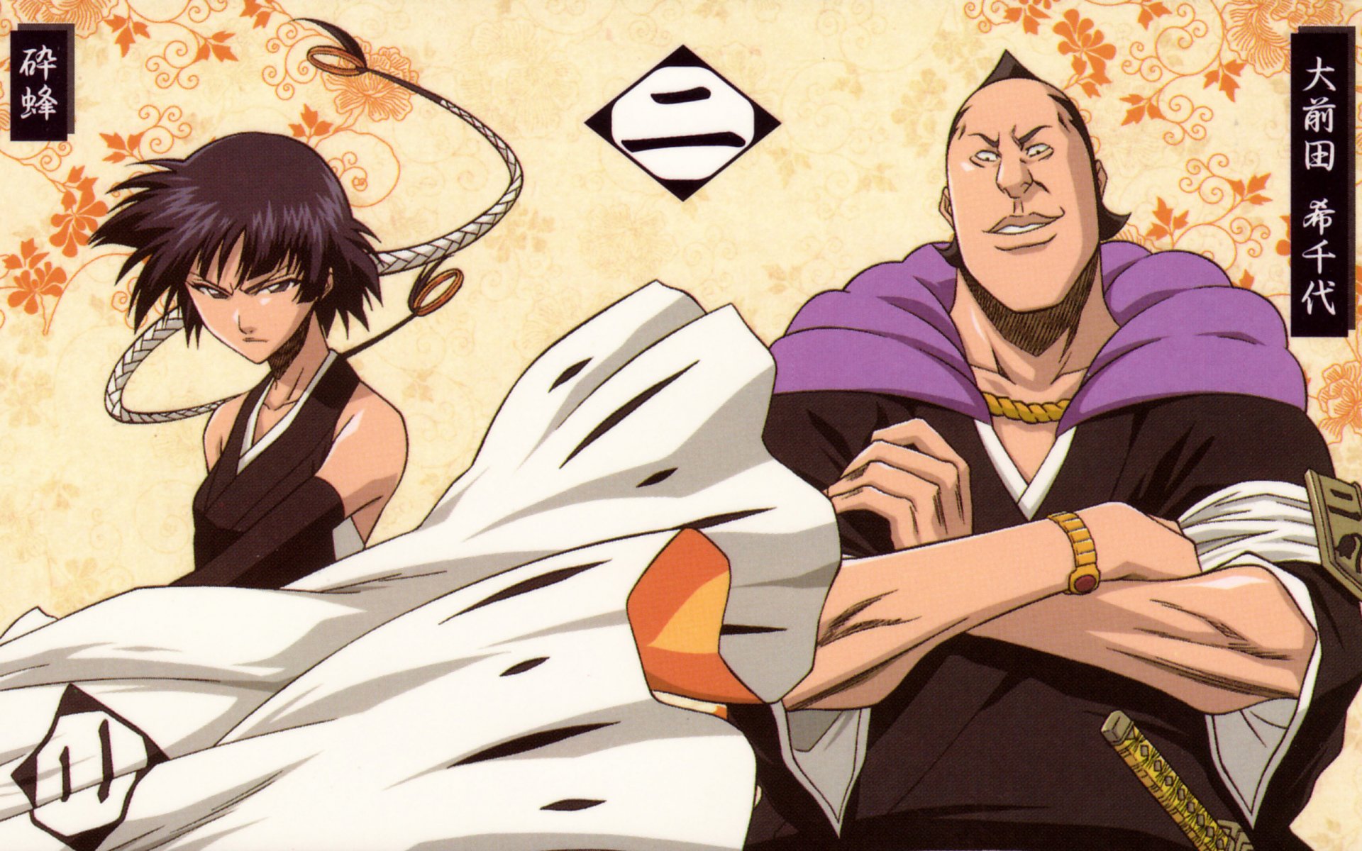 HD anime wallpaper featuring Marechiyo Ōmaeda and Soifon from Bleach, showcasing detailed character designs and a traditional Japanese-inspired background.