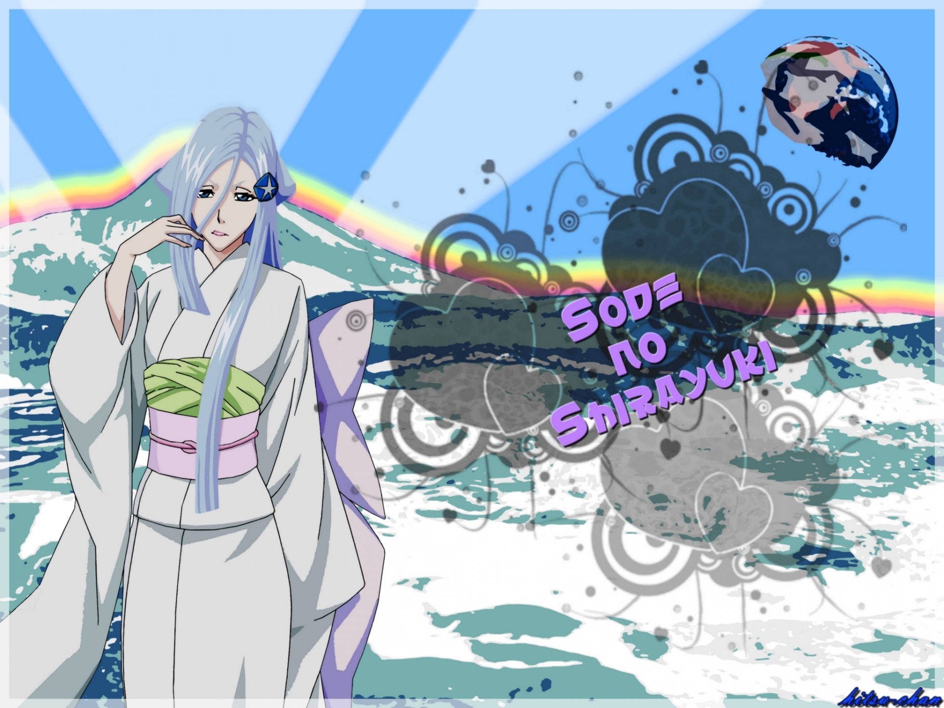HD anime desktop wallpaper featuring Sode no Shirayuki from Bleach, with vibrant abstract elements and dynamic text design on a blue-toned background.