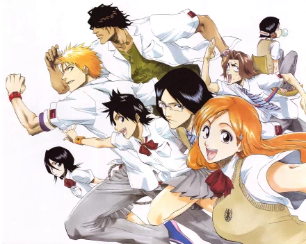 A dynamic group of characters from the anime Bleach, including Ichigo Kurosaki, Rukia Kuchiki, and Orihime Inoue, depicted in an energetic pose against a light background.