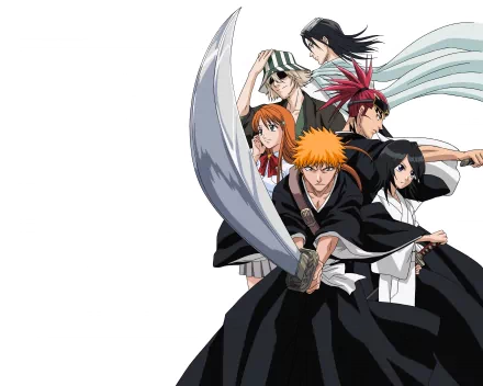 4K Ultra HD Bleach anime wallpaper featuring Ichigo Kurosaki, Orihime Inoue, Byakuya Kuchiki, Kisuke Urahara, Rukia Kuchiki, and Renji Abarai in dynamic poses.