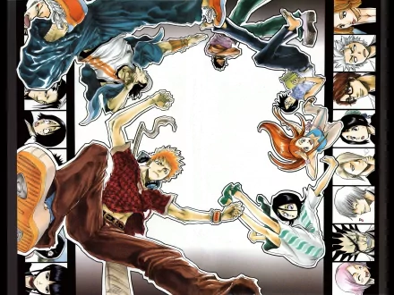 Anime Bleach 4K Ultra HD desktop wallpaper featuring Yasutora Sado, Uryu Ishida, Orihime Inoue, Rukia Kuchiki, and Ichigo Kurosaki in dynamic poses.