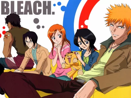 4K Ultra HD PC wallpaper featuring Bleach characters Ichigo Kurosaki, Rukia Kuchiki, Orihime Inoue, Uryu Ishida, Yasutora Sado, and Kon in vibrant anime style.