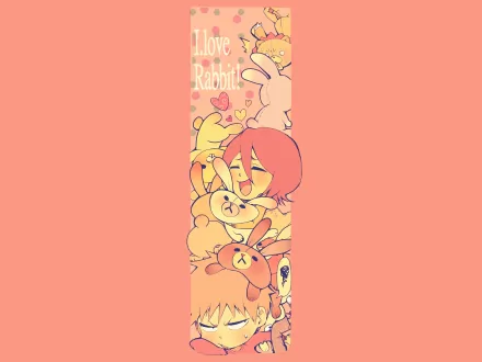 Chibi Rukia Kuchiki among cuddly rabbit plushies in warm coral tones — anime Bleach 4K Ultra HD PC desktop wallpaper and background