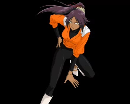Yoruichi Shihôin (Bleach) crouching in an orange jacket and black pants against a black backdrop — 2K Quad HD anime PC desktop wallpaper/background.