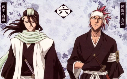 HD anime desktop wallpaper featuring Byakuya Kuchiki and Renji Abarai from Bleach, with a subtle floral background and Japanese text accents.