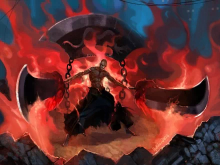 Ikkaku Madarame from Bleach, striking a fierce pose with chained crescent blades amid roaring red and blue flames — HD PC desktop wallpaper background.