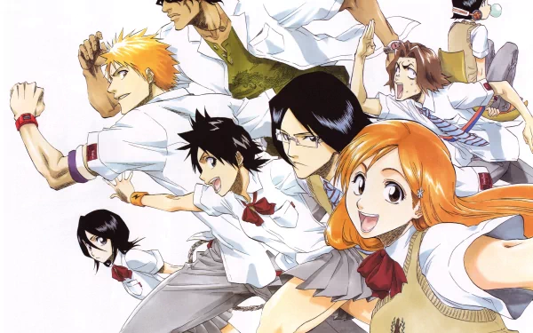 A dynamic group of characters from the anime Bleach, including Ichigo Kurosaki, Rukia Kuchiki, and Orihime Inoue, depicted in an energetic pose against a light background.