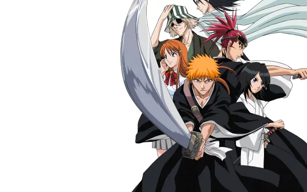 4K Ultra HD Bleach anime wallpaper featuring Ichigo Kurosaki, Orihime Inoue, Byakuya Kuchiki, Kisuke Urahara, Rukia Kuchiki, and Renji Abarai in dynamic poses.