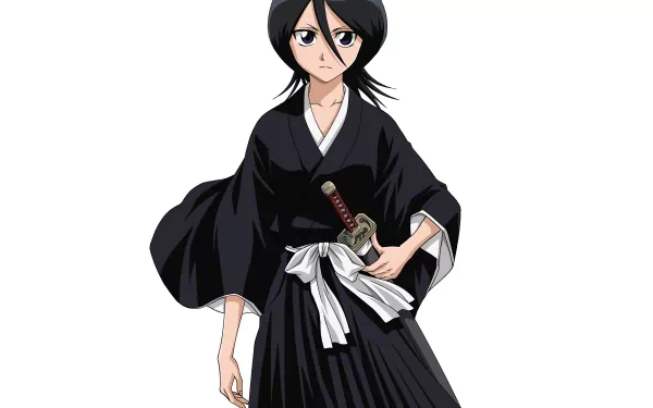 Rukia Kuchiki from the anime Bleach stands confidently in traditional black shinigami attire with a sword, depicted in a sharp 4K Ultra HD PC desktop wallpaper.