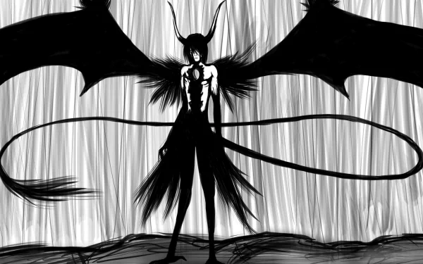 A striking 4K Ultra HD wallpaper featuring Ulquiorra Cifer from the anime Bleach, depicted with dramatic black wings and a haunting silhouette against a textured background.