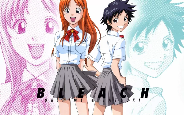 Orihime Inoue and Tatsuki Arisawa from Bleach in school uniforms, smiling side-by-side with stylized halftone portraits and the Bleach logo — 4K Ultra HD PC desktop wallpaper/background.
