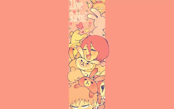 Chibi Rukia Kuchiki among cuddly rabbit plushies in warm coral tones — anime Bleach 4K Ultra HD PC desktop wallpaper and background