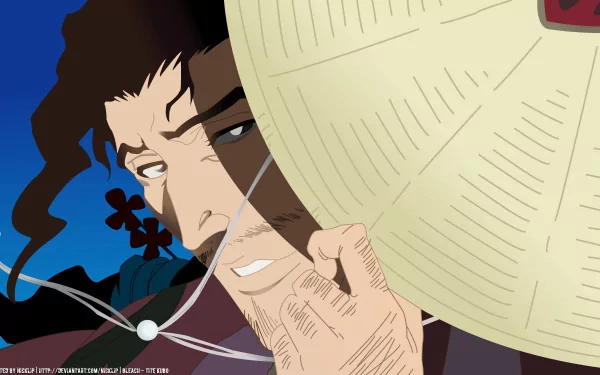 Close-up of Shunsui Kyōraku from Bleach in a 4K Ultra HD anime wallpaper, featuring his signature straw hat and relaxed expression.