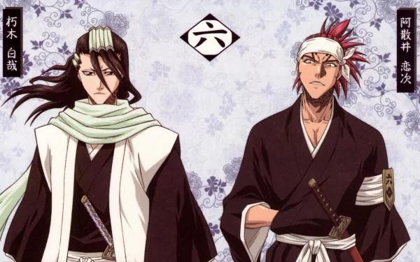 HD anime desktop wallpaper featuring Byakuya Kuchiki and Renji Abarai from Bleach, with a subtle floral background and Japanese text accents.