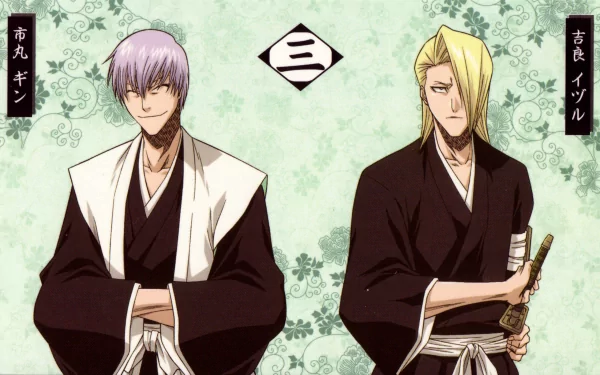 HD anime desktop wallpaper featuring Izuru Kira and Gin Ichimaru from Bleach, set against a light floral background with Japanese calligraphy accents.