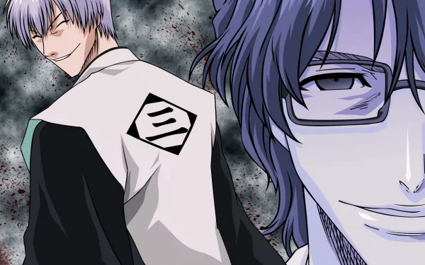 HD anime wallpaper featuring Sōsuke Aizen and Gin Ichimaru from Bleach, showcasing their distinct expressions and iconic attire against a dark, textured background.