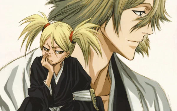 A high-definition desktop wallpaper featuring Hiyori Sarugaki and Shinji Hirako from the anime Bleach, showcasing their distinct characters and vibrant design.