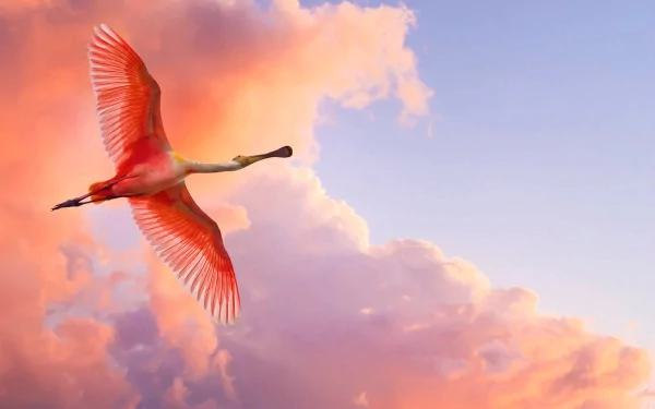 A vibrant flamingo soars against a backdrop of stunning pink and orange clouds, creating a striking and serene scene for a desktop wallpaper.
