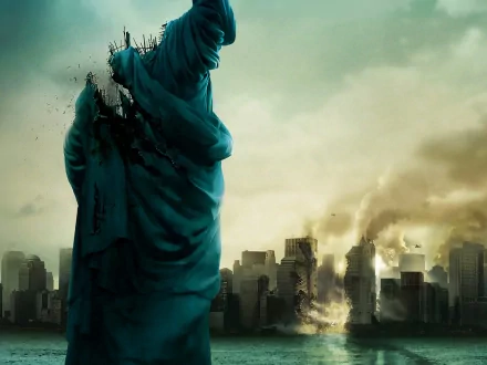 A dramatic HD wallpaper inspired by the movie Cloverfield, featuring a crumbling Statue of Liberty against a backdrop of a devastated city skyline and smoky horizons.