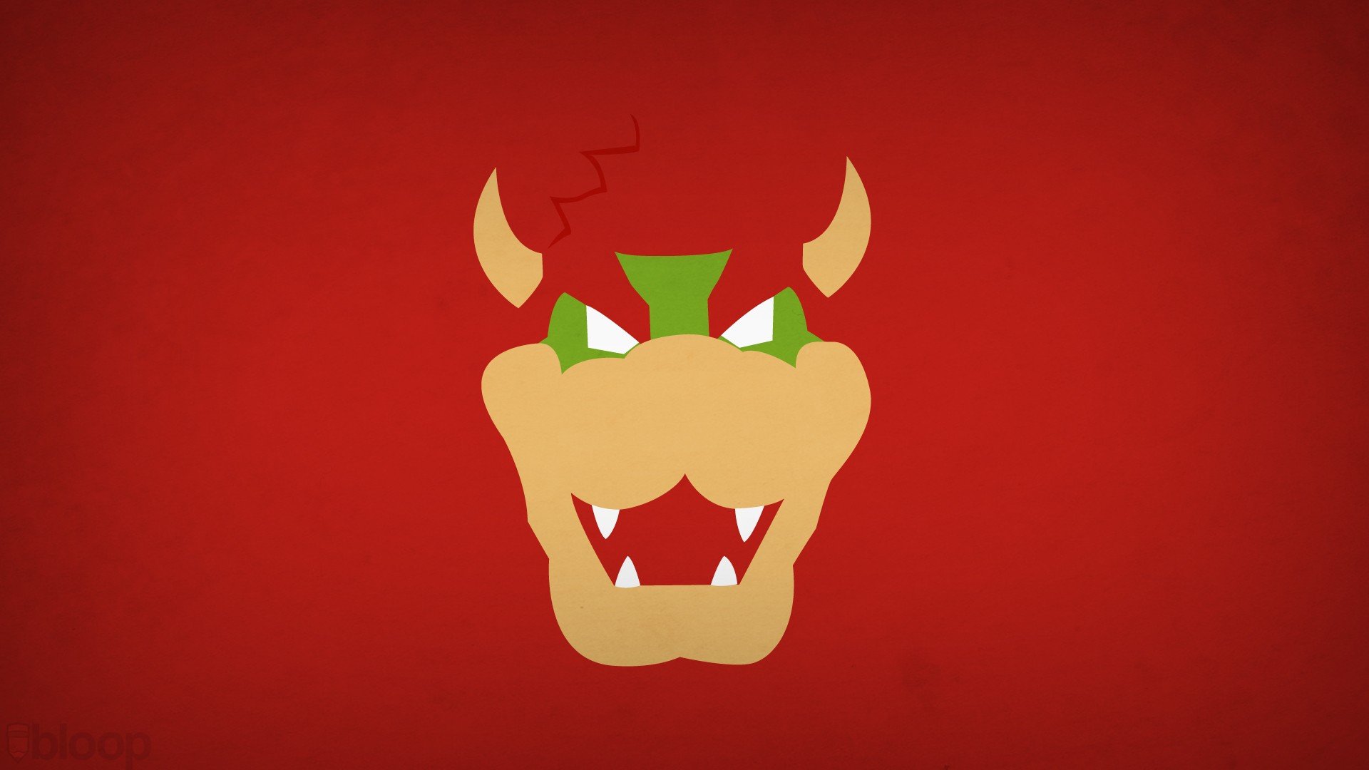 HD PC desktop wallpaper featuring a minimalist, stylized Bowser face from the Mario video game series on a red background.