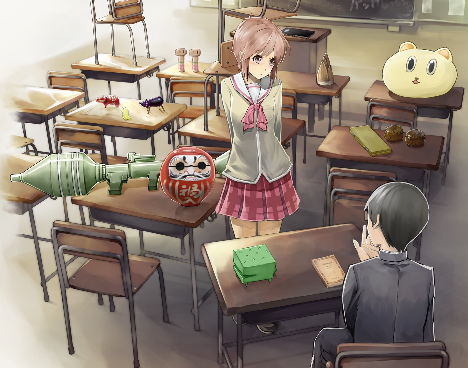 HD PC desktop wallpaper background of Koujirou Sasahara and Misato Tachibana from the anime Nichijō in a classroom—girl in pink uniform, boy at desk, daruma and toy rocket.
