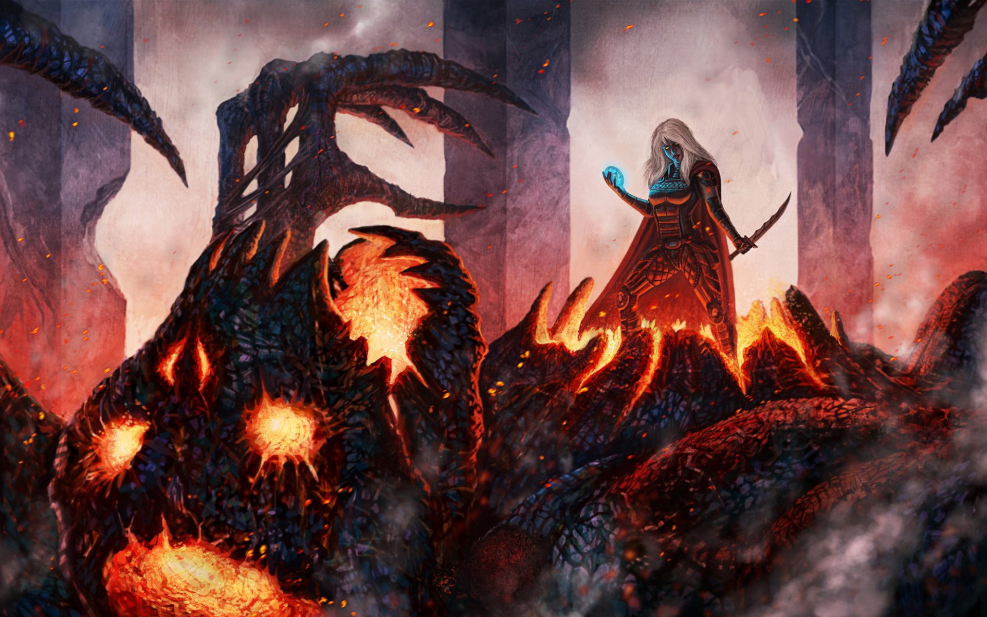A woman warrior stands triumphantly on a defeated dragon, surrounded by fiery landscapes and dark, ominous structures, embodying the spirit of fantasy in this HD wallpaper.