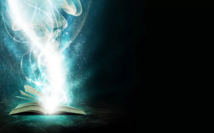 HD fantasy book desktop wallpaper and background featuring an open book emitting magical, glowing light and mystical swirls on a dark background.