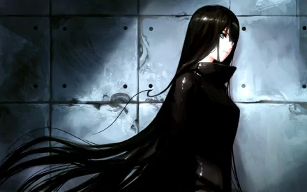 A striking anime character with long black hair stands against a textured background, exuding a mysterious aura in this HD desktop wallpaper.